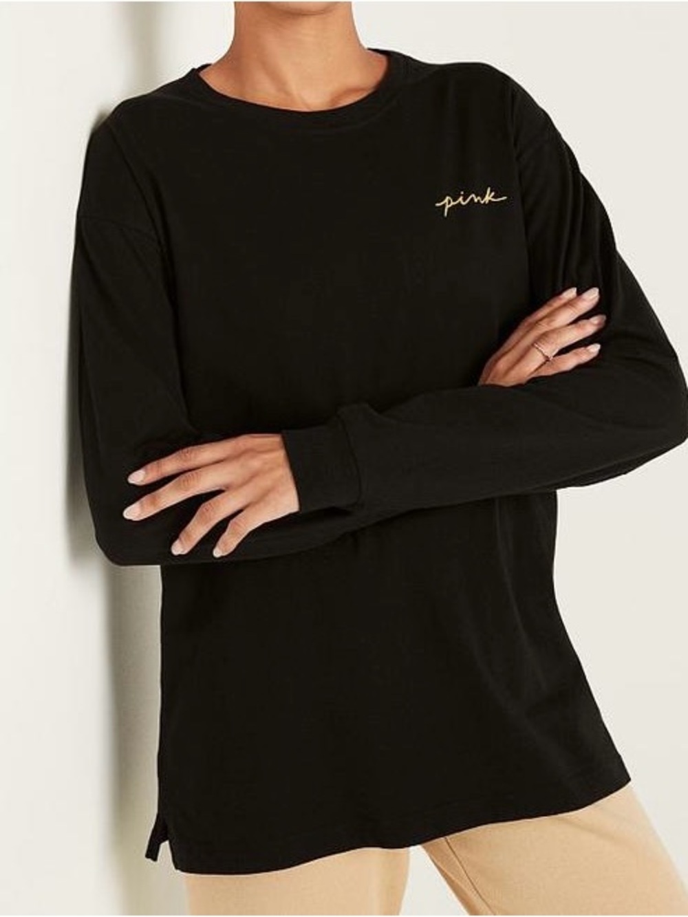 PINK Victoria's Secret Black Long-Sleeve Tee with Script Logo